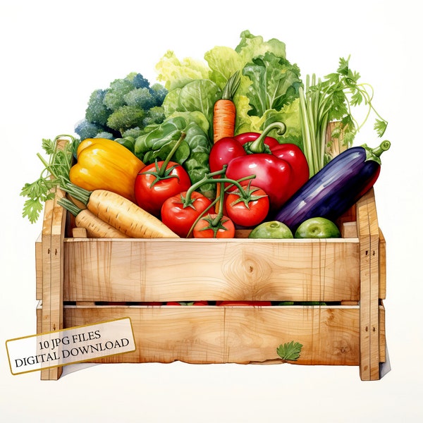 Vegetable Box Clipart Bundle- 10 High Quality Watercolor JPGs- Harvest, Garden Kitchen Art, Journaling, Scrapbook Supply, Digital Download