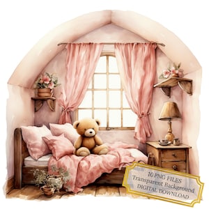 Pacchetto di clipart con orsacchiotto rosa per cameretta dei bambini - 10 immagini PNG acquerellate di alta qualità - Arte per cameretta dei bambini, artigianato, journaling, scrapbooking, download digitale