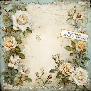 Shabby Chic Vintage White Roses Page Clipart Bundle- 10 High Quality Watercolor JPGs- Decoupage, Journaling, Scrapbook, Digital Download