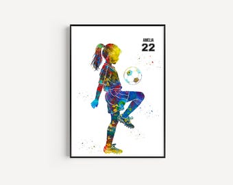 Little Girl Soccer Player, Personalized Name and Number, Sport, Watercolor Art Gift, Printable Poster