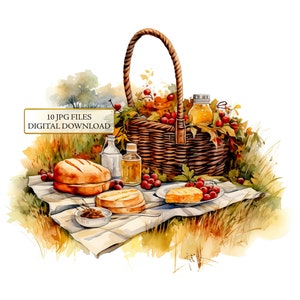 Picnic Basket in Autumn Scenery Clipart Bundle- 10 High Quality Watercolor JPGs- Crafting, Journaling, Scrapbook Supply, Digital Download