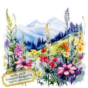 Mountain Wildflower Field Clipart Bundle- 10 High Quality Watercolor PNGs- Nature Craft, Journaling, Scrapbook Supply, Digital Download