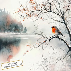 Rotkehlchen auf einem Ast in der Winterlandschaft Clipart Bundle-10 hochwertige Aquarell JPGs - Handwerk Journaling, Scrapbook Versorgung digitaler Download