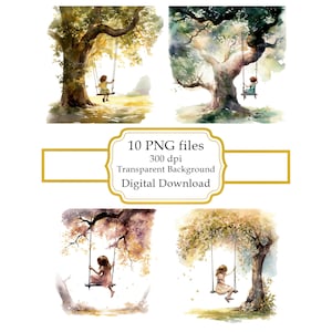 Little Girl on a Tree Swing PNG Clipart Bundle- Digital Download image 1