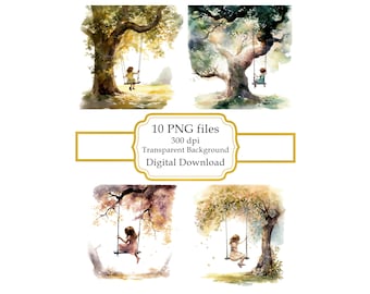 Little Girl on a Tree Swing PNG Clipart Bundle- Digital Download