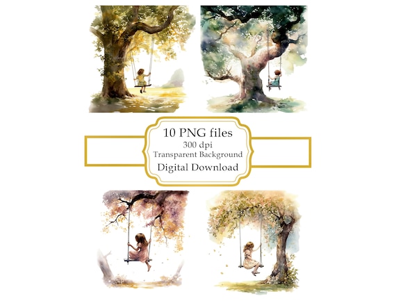 Little Girl on a Tree Swing PNG Clipart Bundle- Digital Download