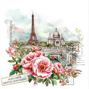 Vintage Blumen Postkarte von Paris Clipart Bundle - 10 hochwertige Aquarell JPGs - Basteln, Journaling, Scrapbook Versorgung, digitaler Download