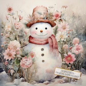 Shabby Chic Pink Snowman in Winter Scenery Clipart Bundle- 10 High Quality Watercolor JPGs- Christmas, Craft, Scrapbooking, Digital Download