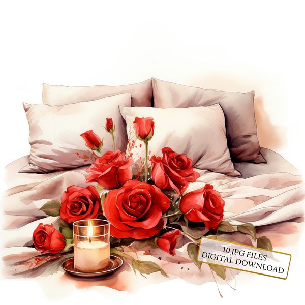 Romantic Candles and Roses on Bed Clipart Bundle- 10 High Quality Watercolor JPG- Valentine's Day, Journaling, Scrapbook, Digital Download