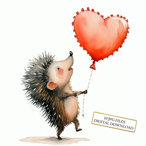 Pacote de clipart de ouriço segurando balão em forma de coração para o dia dos namorados - 10 JPGs em aquarela de alta qualidade - Diário, download digital de álbum de recortes