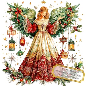 Angel Girl mit Weihnachtsdekor Clipart Bundle - 10 hochwertige Aquarell PNGs - Festlich, Journaling, Scrapbook, digitaler Download