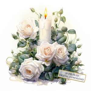 Weiße Rose Kerze Clipart Bundle - 10 hochwertige Aquarell JPGs - Basteln, Journaling, Scrapbook Versorgung, digitaler Download