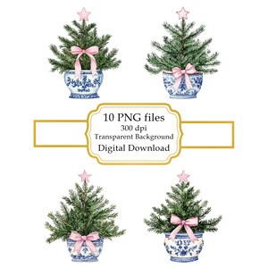 Christmas Tree in a Blue White Ornamental Pot PNG Clipart Bundle- Digital Download