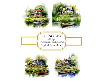 Lakeside Cottage with a Boat Scenery PNG Clipart Bundle- Digital Download