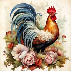 Shabby Chic Rooster With Flowers Clipart Bundle- 10 High Quality ...