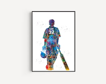 Male Cricket Player, Personalized Name and Number, Sport, Watercolor Art Gift, Printable Poster
