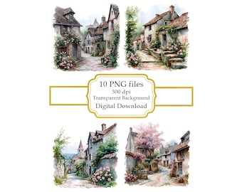 Old French Village Overgrown with Flowers PNG Clipart Bundle- Digital Download