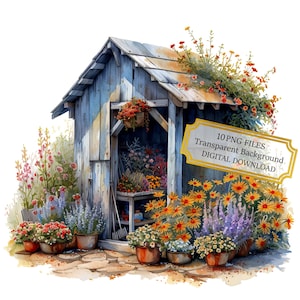 Paquete de imágenes prediseñadas de cabaña de jardín con flores: 10 PNG de acuarela de alta calidad. Arte de jardín, manualidades, diario, scrapbooking, descarga digital.