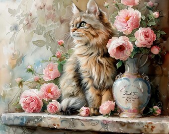 ピンクのバラとシャビーシックな猫のJPGクリップアートバンドル