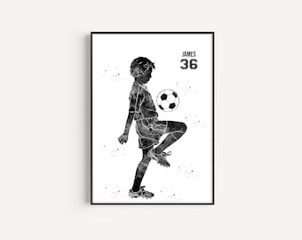 Little Boy Soccer Player, Personalized Name and Number, Sport, Watercolor Art Gift, Printable Poster