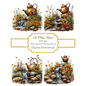 Rostig tekanna av en liten bäck och vildblommor PNG Clipart-paket - digital nedladdning