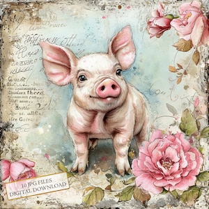 Shabby Chic süßes Schwein mit Blumen Clipart Bundle - 10 hochwertige Aquarell JPGs - Handwerk, Journaling, Scrapbook Versorgung, digitaler Download