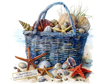 Woven Beach Bag with Sea Shells and Starfish Clipart Bundle- 10 High Quality Watercolor JPGs- Sea, Journaling, Scrapbook, Digital Download