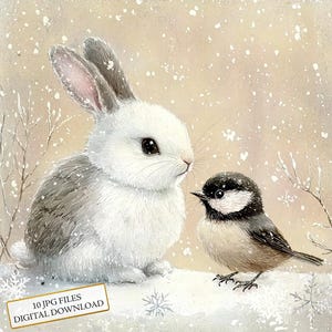 Lapin blanc avec mésange en hiver neigeux Clipart Bundle - 10 JPG aquarelles de haute qualité - créations artistiques, journalisation, album, téléchargement numérique