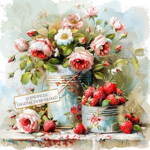 Pacote de clipart de latas de lata Shabby Chic com morangos e flores - 10 JPGs de aquarela de alta qualidade - Diário, álbum de recortes, download digital