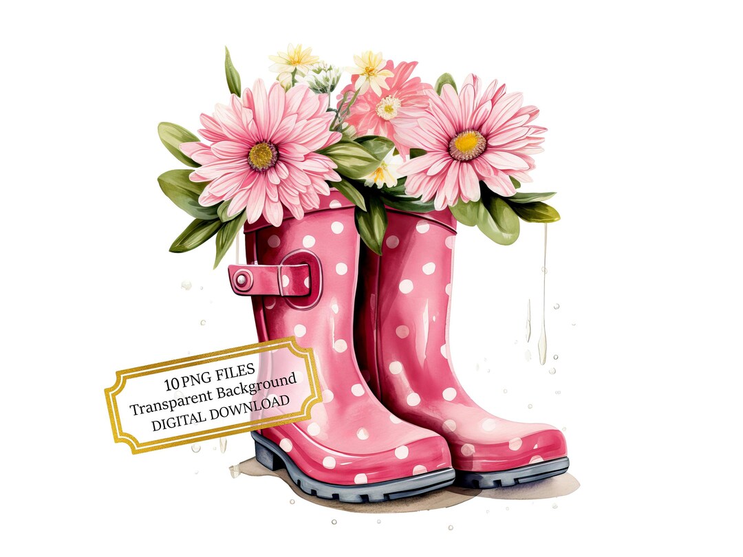 Pink Polka Dot Rain Boots With Flowers PNG Clipart Bundle- Digital ...