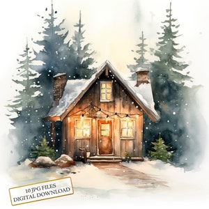 Tiny Cabin in Snowy Woodland Clipart Bundle- 10 High Quality Watercolor JPGs- Craft, Journaling, Scrapbook Supply, Digital Download