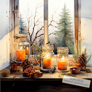 Winterraamlandschap met kaarsen clipartbundel-10 hoge kwaliteit aquarel jpg's-wintervakantie, journaling, plakboek, digitale download