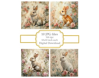 Rabbit Among Overgrown Roses JPG Clipart Bundle- Digital Download