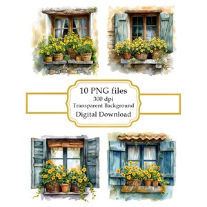 Paquete de imágenes prediseñadas de ventana de casa de campo con prímula en maceta (descarga digital)
