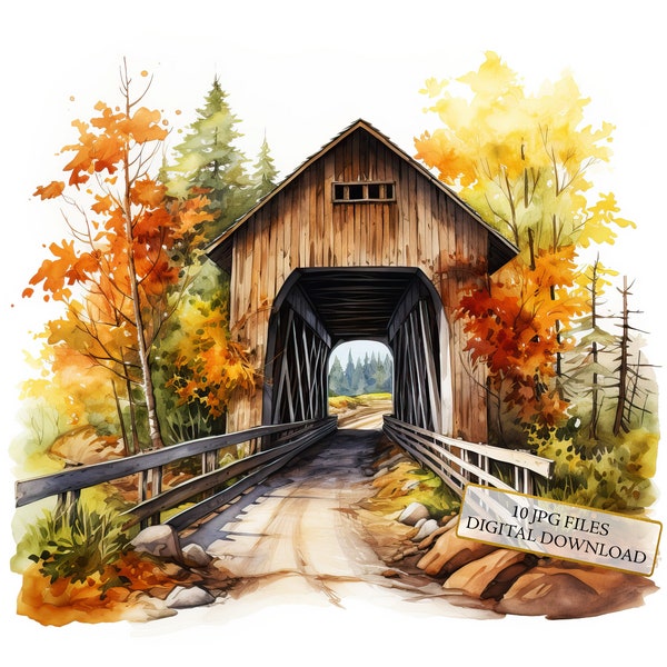 Old Wooden Covered Bridge in Nature Clipart Bundle- 10 High Quality Watercolor JPGs- Craft, Junk Journaling, Scrapbook, Digital Download