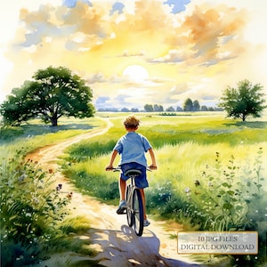 Kleiner Junge auf einem Fahrrad in einem Sommerfeld Clipart Bundle - 10 hochwertige Aquarell JPGs - Journaling, Scrapbook Versorgung, digitaler Download