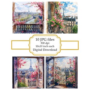 View of Paris from a Pink Floral Balcony JPG Clipart Bundle- Digital Download