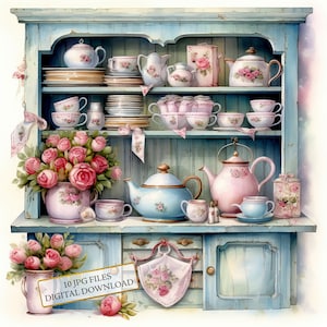 Paquete de imágenes prediseñadas de gabinetes de cocina Shabby Chic: 10 archivos JPG de acuarela de alta calidad. Manualidades, diarios, álbumes de recortes y descargas digitales.