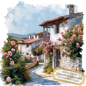 Old Village in Cyprus begroeid met bloemen clipartbundel-10 hoge kwaliteit aquarel png's-craft, journaling, scrapbook, digitale download