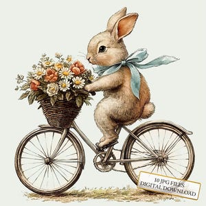 Entzückender kleiner Hase auf einem Blumenfahrrad-Clipart-Bundle - 10 hochwertige Aquarell JPGs - Journaling, Scrapbooking, digitaler Download