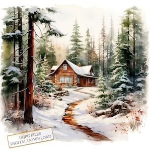 La route vers une petite cabane dans les bois enneigés Clipart Bundle - 10 JPG aquarelles de haute qualité - créations artistiques, journalisation, album, téléchargement numérique