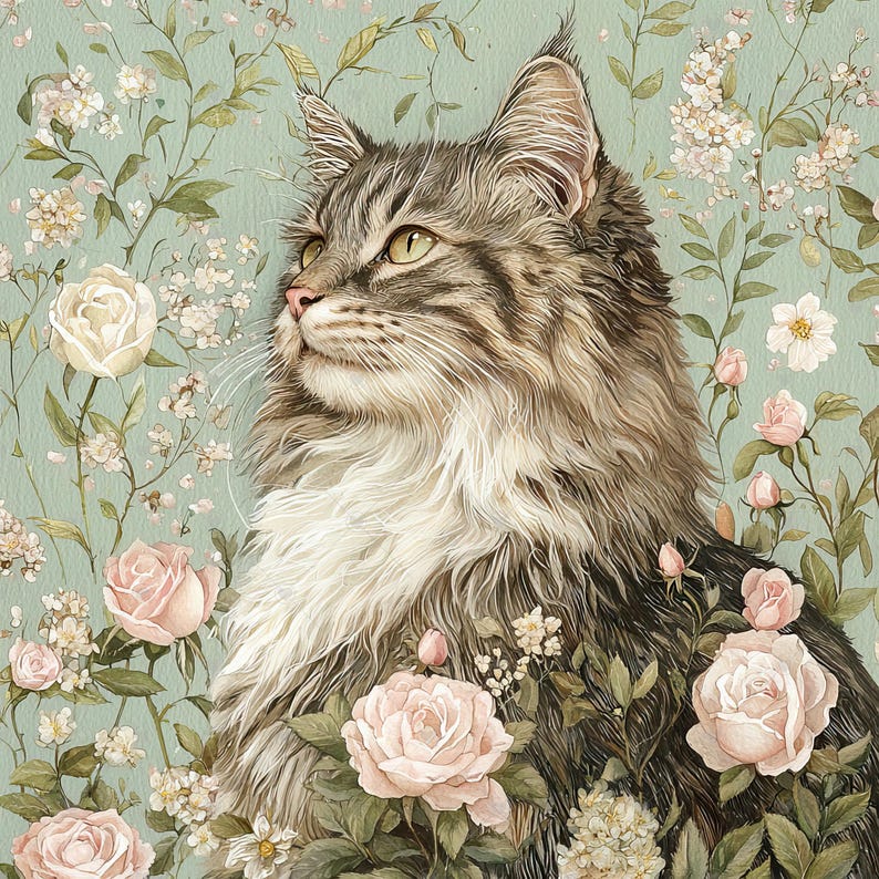 Portrait de chat Maine Coon orné de fleurs JPG Clipart Bundle - téléchargement numérique image 4
