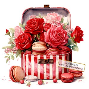 Macarons und Rosen in einer Vintage rot gestreiften Box Clipart Bundle - 10 hochwertige Aquarell JPGs - Journaling, Scrapbooking, digitaler Download