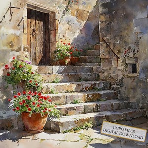 Oude mediterrane stenen trap met bloempot clipartbundel-10 hoge kwaliteit aquarel JPGs-Craft, journaling, scrapbook digitale download
