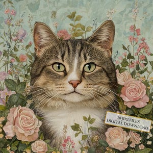 Ensemble floral portrait de chat avec roses roses - 10 fichiers JPG aquarelles de haute qualité - créations, tenues de livres, fournitures de scrapbooking en téléchargement numérique