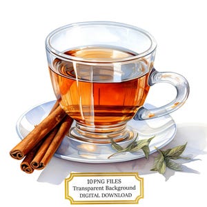 Pacchetto di clipart con tazza di tè e stecca di cannella - 10 immagini PNG ad acquerello di alta qualità - Arte da cucina, journaling, album, download digitale