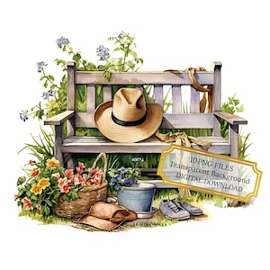 Paquete de imágenes prediseñadas de banco de jardinero: 10 PNG de acuarela de alta calidad. Jardín campestre, manualidades, diario basura, álbum de recortes, descarga digital.
