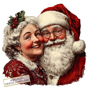 Le père Noël et la mère de famille s'embrassent avec amour Clipart - 10 JPG aquarelles de haute qualité - Journal de Noël, album de scrapbooking en téléchargement numérique