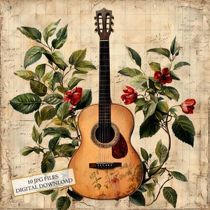 Vintage Gitarre mit botanischen Blumen im Alter von Papier Clipart Bundle - 10 hochwertige Aquarell JPGs - Journaling, Scrapbooking, digitaler Download