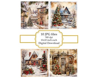 Vintage Snowy Christmas Home Scenery JPG Clipart Bundle- Digital Download